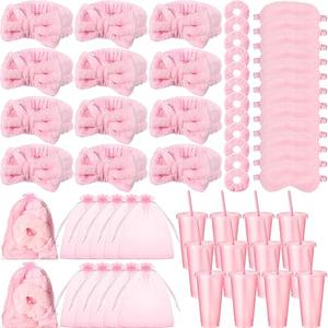 60 Pcs Spa Sleepover Party Supplies Bulk Include 12 Pink Hairbands 12 Sleep Eye Masks 12 Plush Hair Scrunchies 12 Glitter Cups 12 Organza Bags for Women Sleepover Slumber Spa Party Favor Gift