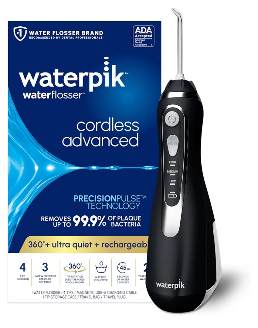 Waterpik Cordless Advanced 2.0 Water Flosser For Teeth, Gums, Braces, Dental Care With Travel Bag and 4 Tips, ADA Accepted, Rechargeable, Portable, and Waterproof, Black WP-582