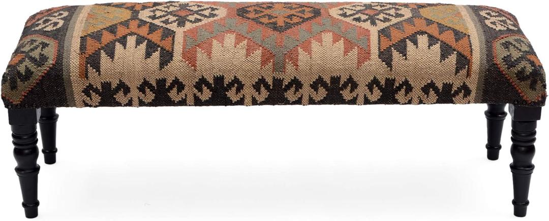 Wool Jute Kilim Wooden Bench Table for Living Room (Medium, Multi Color)