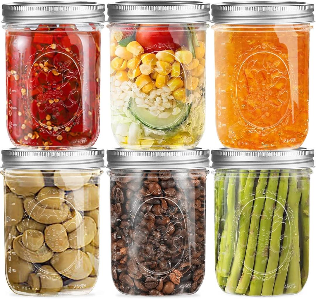 Wide Mouth Glass Mason Jars 16 oz, 6 Pack Glass Canning Jars with Metal Airtight Lids and Bands and Measurement Marks, for Canning, Preserving, Overnight Oats, Jam, Jelly, Food Storage, DIY