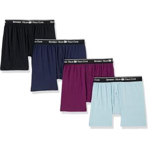 Beverly Hills Polo Club Men's 4 Pack Knit Boxer Short (Purple/Black/Navy/Light Blue) Small
