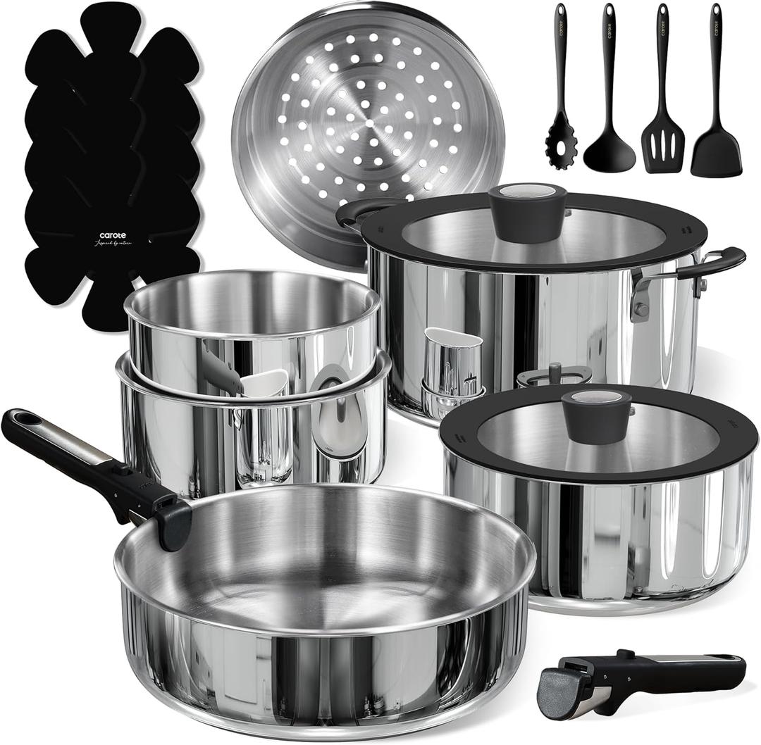 CAROTE 18pcs Stainless Steel Cookware Set with Detachable Handle, Nonstick Pots and Pans Set, Induction Kitchen Cookware Sets with Removable Handle, RV Cookware Set, Oven Safe, Camping Cookware, Black (Silver)