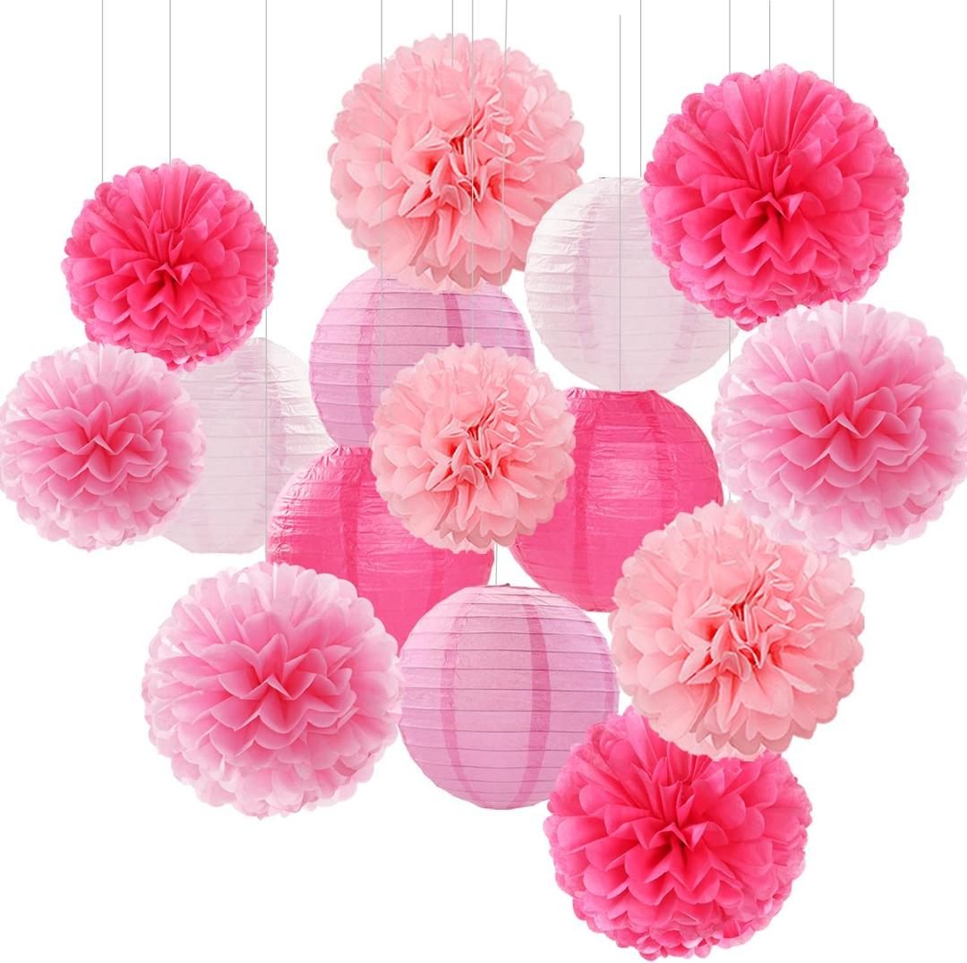 Light-Hot Pink Party-Decorations Paper-Flowers Lanterns - 18pcs Graduation Girl Birthday Decor Tissue Pom Poms Streamers, Bridal Baby Shower Wedding Bachelorette Valentine Hanging Supplies Hugfond