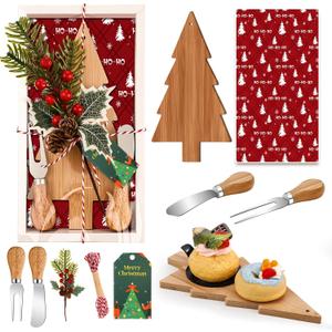 LemonRoad 1 Set Christmas Cutting Board Gift Christmas Tree Cutting Board with Knives Forks Kitchen Towels Merry Gift Tags Charcuterie Boards Bamboo Serving Tray for Xmas Birthday Party Favors