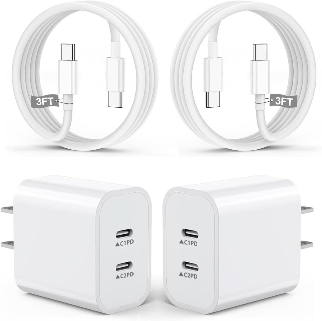 iPhone 17 Charger,2Pack Dual USB C Port Fast Wall Chargers Block with 3FT USB C to C Charger Fast Charging Cable Cord for iPhone 17/17 Pro Max/17 Pro/16 Pro Max/16 Plus/16E/15 Pro/15/iPad Pro/Air/Mini (White)