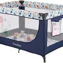Pamo Babe Travel Foldable Portable Bassinet Baby Infant Comfortable Play Yard Crib Cot with Soft Mattress Breathable Mesh Walls, and Carry Bag Blue
