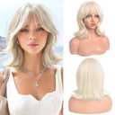 Haloo Blonde Short Bob Wigs with Bangs Shoulder Length Wavy Layered Flipped Ends Natural Looking Medium Synthetic Hair Wig for Women Daily Party, 14 Inch Light Blonde