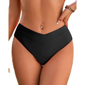 Fanuerg Women's Bikini Bottom Cross V Cut Front Swimsuit Full Coverage Bathing Suit Bottoms (Large, Black)