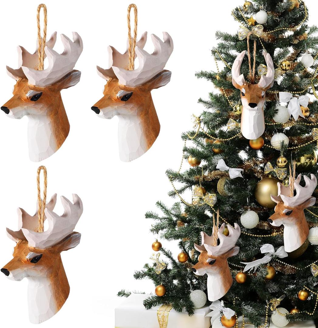 Jetec 3 Pcs 3 Inches Wooden Christmas Deer Ornaments Deer Bust Head Hunter Antler Rack 8 Point Buck, Hunting Christmas Tree Hanging Decorations, Hand-Carved Xmas Hunter Gift Xmas Deers Head Ornaments