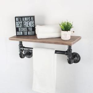 Industrial Pipe Shelf Bathroom Shelves Wall Mounted,19.6in Rustic Wood Shelf with Towel Bar,1 Tier Farmhouse Towel Rack Over Toilet,Pipe Shelving Floating Shelves Towel Holder,Retro Grey (1-Tier, Retro Grey)