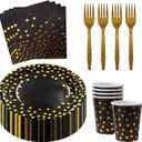 160 Pcs Black and Gold Paper Plates, Forks and Cups Party Supplies, black birthday plates Tableware Supplies for Birthdays, Graduations, Weddings, Holidays Serves 30 (7 inches)