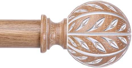 Boho Wood Curtain Rod, Decorative Curtain Rods for Windows 48 to 84 Inch with Handmade Wood Grain Leaf Finials, 1 Inch Adjustable Heavy Duty Vintage Rustic Window Treatment Rods, Easy Install