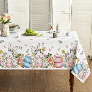 Horaldaily Easter Tablecloth 6084 Inch Rectangular, Bunny Rabbits Carrot Easter Egg Daisy Butterfly Watercolor Washable Seasonal Table Cover for Party Picnic Dinner Decor (White)