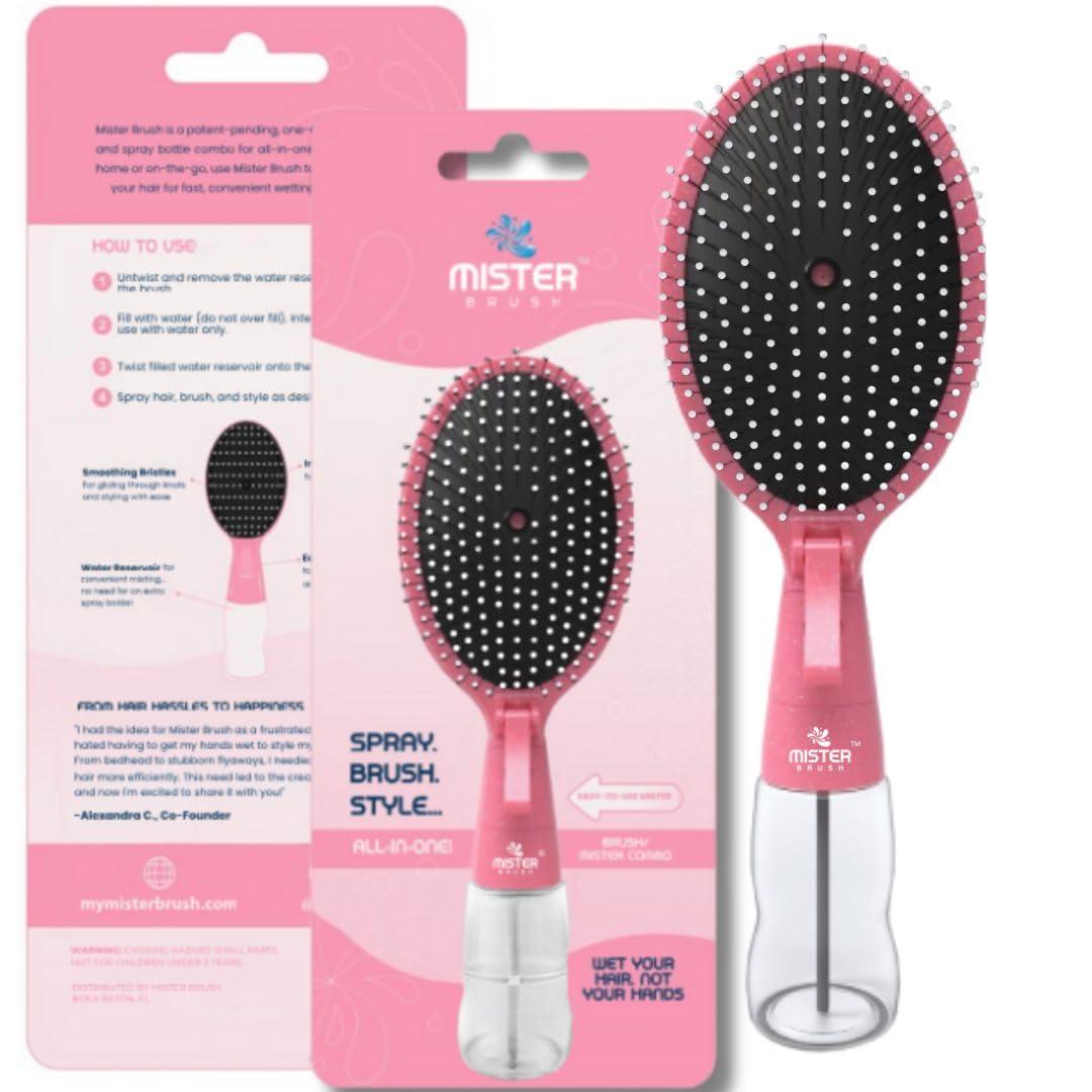 Mister Brush 2-in-1 Hairbrush Mister  Innovative Hair Mist & Brushing Tool for Wet & Dry Hair Styling  No-Tangle Bristles, Convenient Water Reservoir, Easy-to-Use (Pink)