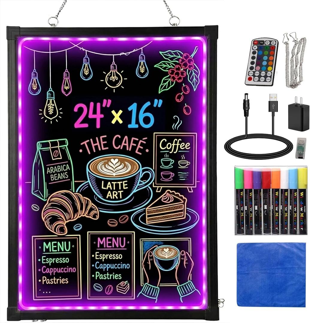 Slsy LED Writing Board 24"x16", Erasable Light-Up Message Display, 12 Colors & 26 Modes, Reusable LED Menu Sign with 8 Markers for Doodle, Illuminated Sign Board for Restaurants, Bars, Classrooms