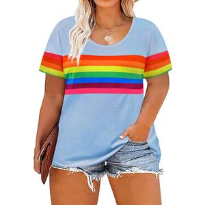 RITERA Womens Plus Size Short Sleeve Rainbow Striped Tops Crewneck T Shirts Color Block Colorful Oversized Ladies Shirt Casual Blouses Blue Sky Blue XL 14W 16W