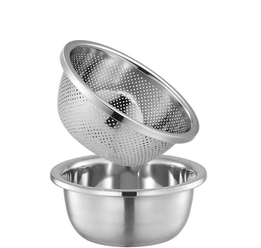 2-Piece Stainless Steel Mixing Bowls and Microporous Colanders Set, 3QT & 5QT Nesting Bowls with Fine Drain Strainers for Washing Rice, Fruits, Vegetables, Pasta, and More