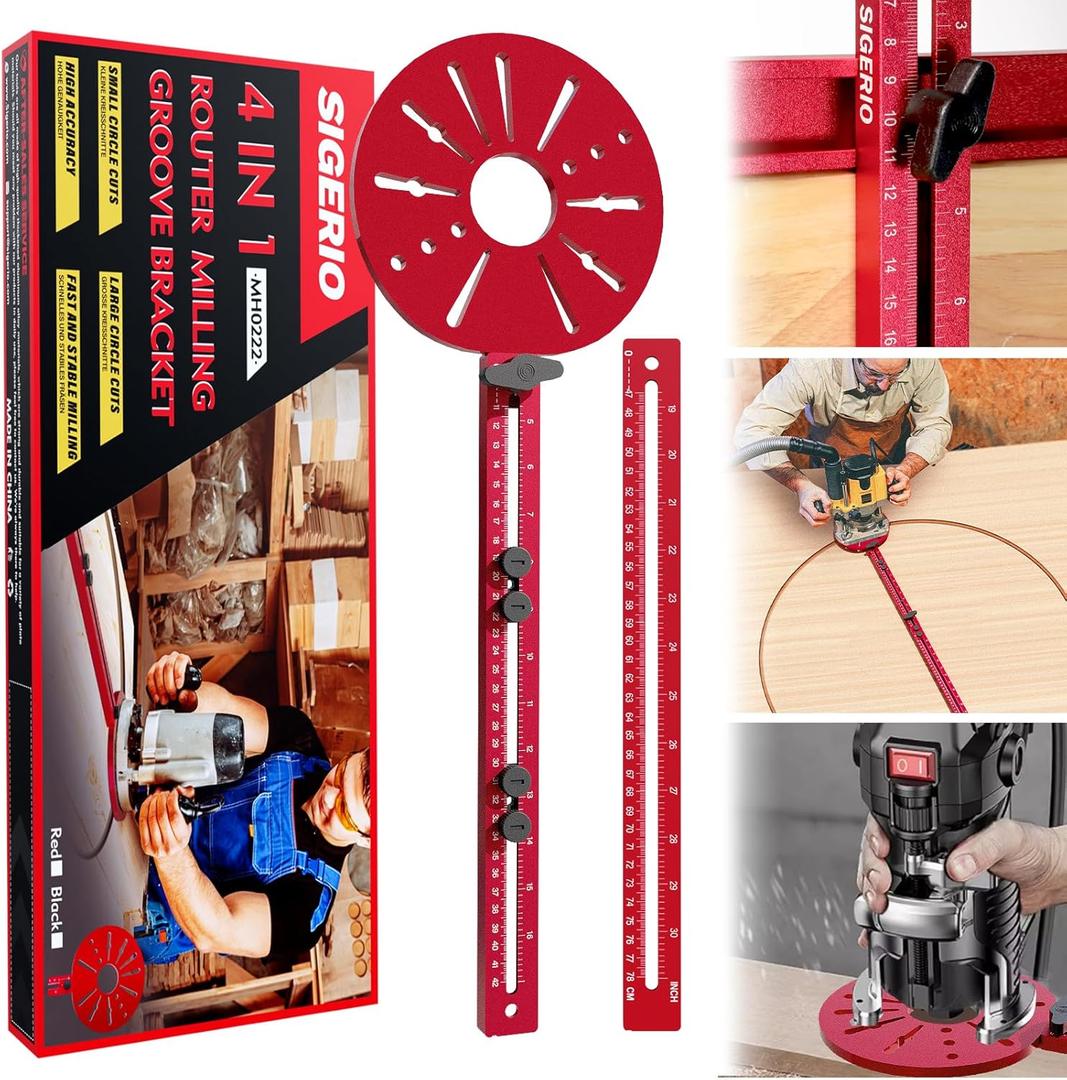 4 in 1 Router Milling Groove Bracket for Cutting Large Circles From 10" Up to 58", Aluminum Alloy Router Circle Cutting Jig, Adjustable Router Jig and Router Guide for Woodworking (Oil Red)