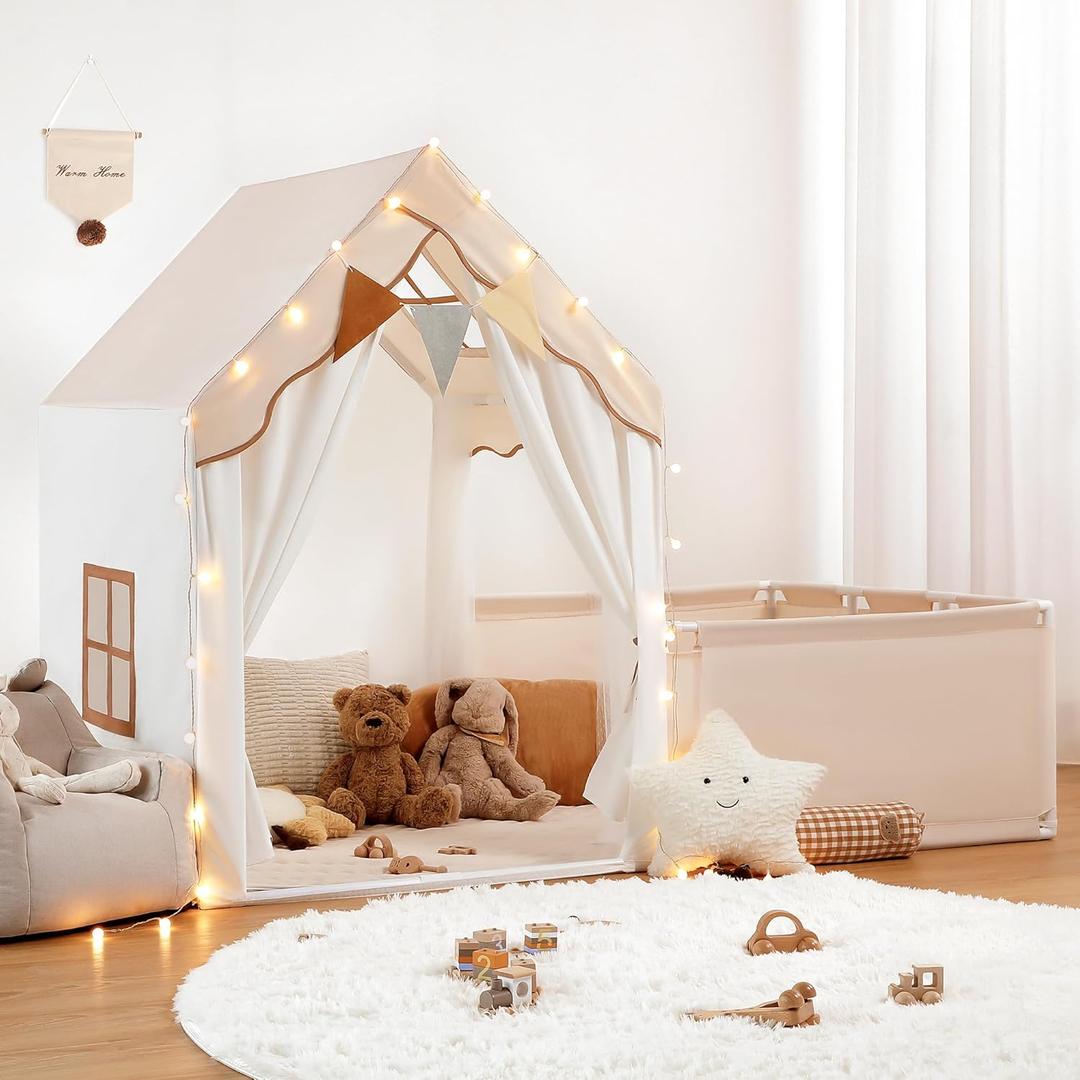 besrey Kids Play Tent with Enclosure, Toddler Tent 2 in 1 with Padded Mat and Lights, Large Playhouse for Kids, Indoor & Outdoor, Christmas Toddler Playhouse, 69" x39" x 53"