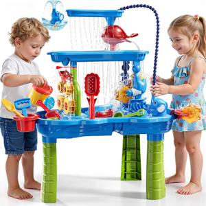 Auto 3-Tier Sand and Water Table with Pump, Summer Outdoor Beach Outside Backyard Activity Sensory Sand Water Table, Birthday Gifts for Toddler Boys Girls Ages 3 4 5 6 7 8, 8 inches x 17 inches x 14 inches