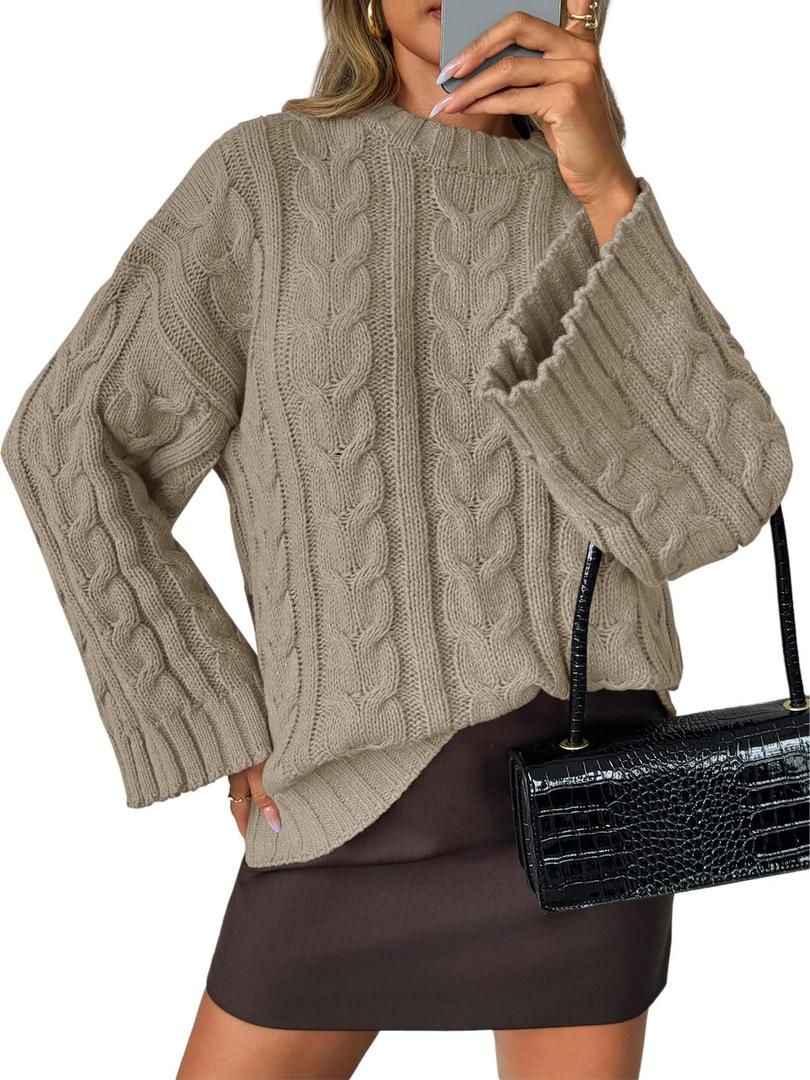 Saodimallsu Womens Oversized Sweaters Cable Knit Bell Batwing Sleeve Crew Neck Fall Winter Chunky Pullover Tops Apricot (Brown, XXL)