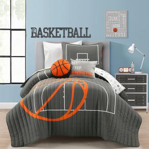 Lush Decor Basketball Game Reversible Quilt Set, 4 Piece Set, Twin, Charcoal - Soft Kids Bedding Set - Basketball Decor - Sports Quilt - Kids Bedroom Decor