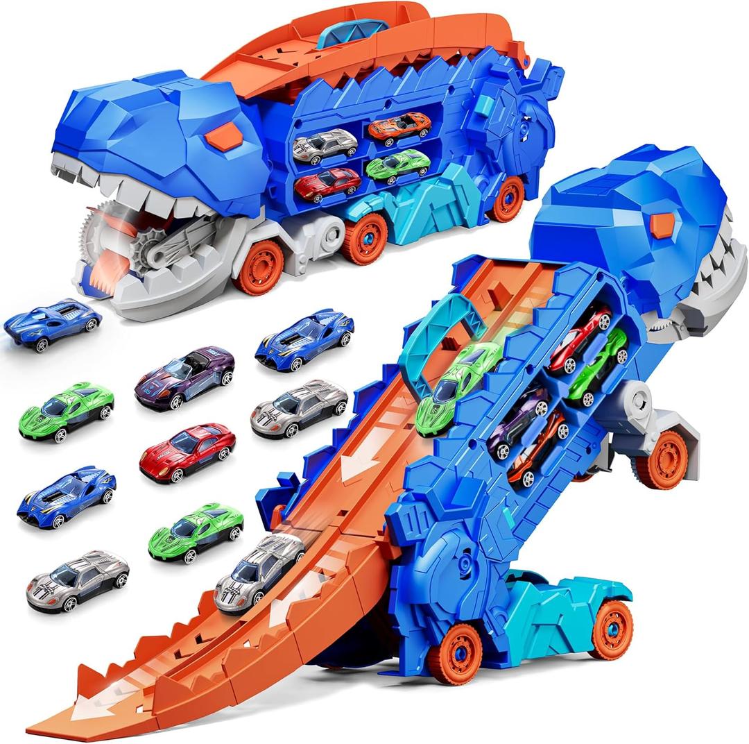 11 in 1 Dinosaur Toys for 3-7, Dinosaur Transport Truck with 8 Metal Cars, City Dinosaur Ultimate Hauler Track Toy, Transforms into Stomping Standing Dinosaur Toddler Toys Gifts for Kids Ages 3+ (Blue)