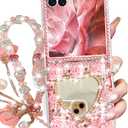Changjia for Samsung Galaxy Z Flip 7 Glitter Bling Case, Cute 3D Sparkle Heart Makeup Mirror Crystal Rhinestones Flowers Diamond Gems with Lanyard Wrist Strap Women Girls Case for Galaxy Z Flip 7, Pink