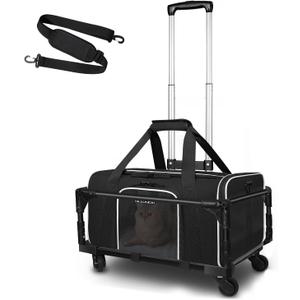 Petskd Small Pet Carrier with Wheels (17" L x 11" W x 9.5" H), Alaska Airlines Approved, Rolling Pet Carrier for Small Dogs & Cats (Black)