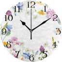 White Daisy Pink Flower Spring Wildflower Silent Non-Ticking Kitchen Clock Decor 9.5 Inch Round PVC Oil Painting Dial Battery Operated Easy to Read for Bedroom Living Room Home (A003)