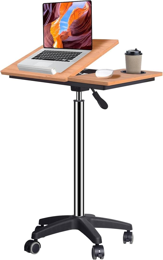wishacc Rolling Desk Adjustable Height, Mobile Standing Desk on Wheels, Small Portable Sit Stand Laptop Cart, Wood Computer Desk with Cup Holder for Home Office (Extra Large) | XL Bamboo Top, Large Compact Surface, Gas Spring Lifting System, 5-Position Tilting, 4 Lockable Caster, Heavy-Duty Frame