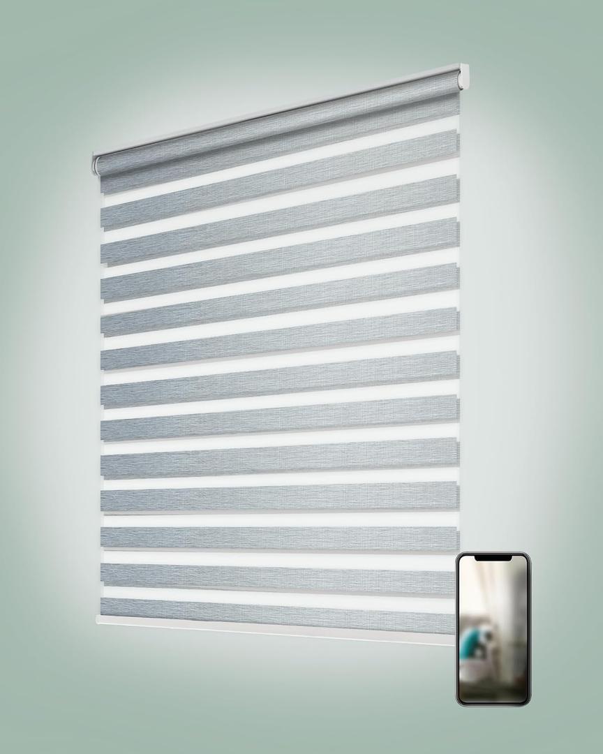Yoolax Motorized Zebra Blinds, Electric Zebra Shades for Indoor Windows, Motorized Shades Light Control Horizontal, Automatic Window Shades for Bedroom Office Kitchen (80% Shading Grey, 22" x 72")