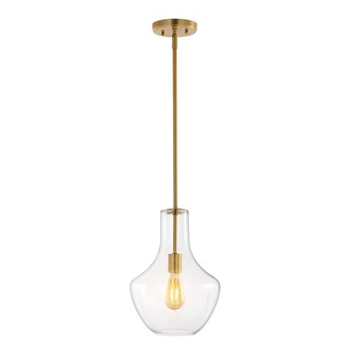 JONATHAN Y 10.5" Brass Gold/Clear Mid-Century Modern 1-Light LED Pendant Light Fixture, Adjustable Schoolhouse Hanging Lamp for Kitchen Island, Clear Glass Shade, LED Bulb Included (JYL6400C)