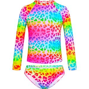 TENVDA Girls Swimsuit Long Sleeve Rash Guard Sets UPF 50+ Two Piece Bathing Suits Size 3-12 Years (7-8 Years, Rainbow Leopard)