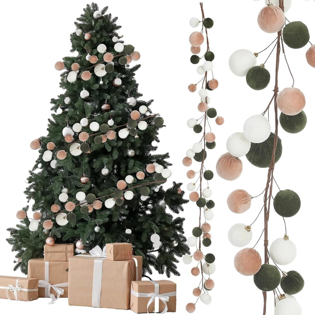 6 ft Christmas Ball Ornament Garland Christmas Bauble Hanging Ornament Neutral Velvet Bulb Ball Garland for Xmas Tree Table Mantel Staircase Indoor Outdoor Decor (White, Brown, Green)