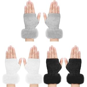 Neer 3 Pairs Faux Fur Fingerless Gloves Winter Knit Gloves Warm Fluffy Thumb Hole Mittens Arm Warmers for Women