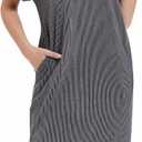 Womens Casual T Shirt Dress Summer Fall Crewneck Loose Fit Side Split Knee Length Dress Ribbed Pattern with Pockets (Gray, S)