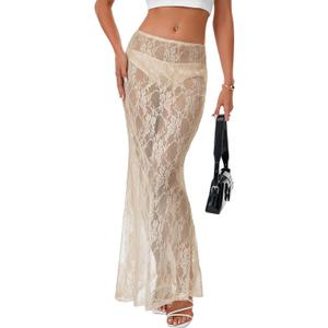 Rooscier Women's Lace A Line Sheer Maxi Skirt High Waist Summer Sexy Beach Skirts XL