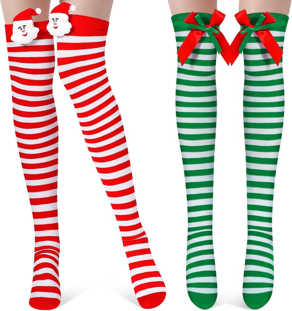 Loopeer 2 Pairs Christmas Thigh High Socks Halloween Women Striped Over Knee Stockings Candy Cane Socks for Women Girls