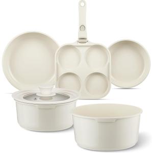 Ceramic Pots and Pans Set Non Stick Beige White, 7 Pcs Nonstick Cookware Set with Detachable Handle RV Camping Induction Kitchen Cookware Set Non Stick, PFAS PFOA & PTFE Free