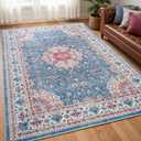 Goideal Washable Rug 4x6, Vintage Area Rugs Non Slip, Indoor Low Pile Carpet with Rubber Backing for Living Room Kitchen Bathroom Entryway Office Bedroom, Blue & Hot Pink
