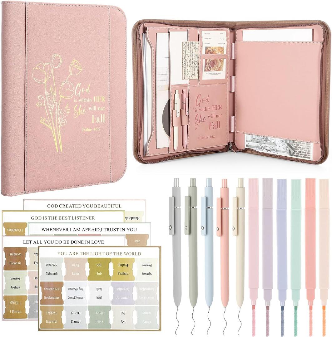 Mother Gift Bible Cover Case for Women Leather Christian Portfolio 13.5"with 5 Gel Pens 6 Colored Highlighters 5 Bible Labels for Christian Teacher Nurse