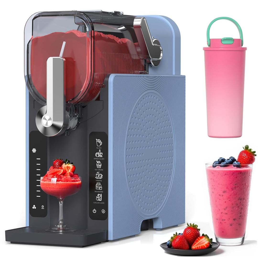 Slushie Machine, Slushy for Home No Ice Need, Soft Serve Ice Cream Maker & Margarita Machine, Auto-Cleaning, 6 Presets for Milkshakes, Frapps, Frozen Drink and More, Blue, 1 Insulated Cup