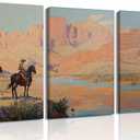 Frswuset 3Pcs Western Cowboy Canvas Wall Art Vintage Cowboy Pictures Wall Decor Desert Landscape, Rodeo Horseback Posters Riding Equestrian Prints Decor for Living Room Bedroom 16x24inFramed