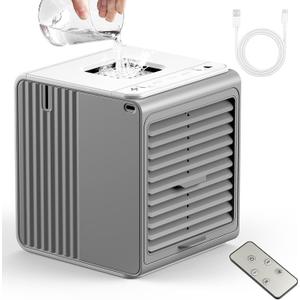 Portable Mini Air Conditioner,BIESQYA 3-in-1 Personal Small Ac Unit Cooler, 3 Speed USB Powered Desk Fan,Swamp Evaporative Windowless Humidifier for Room Office Camping Car,Grey