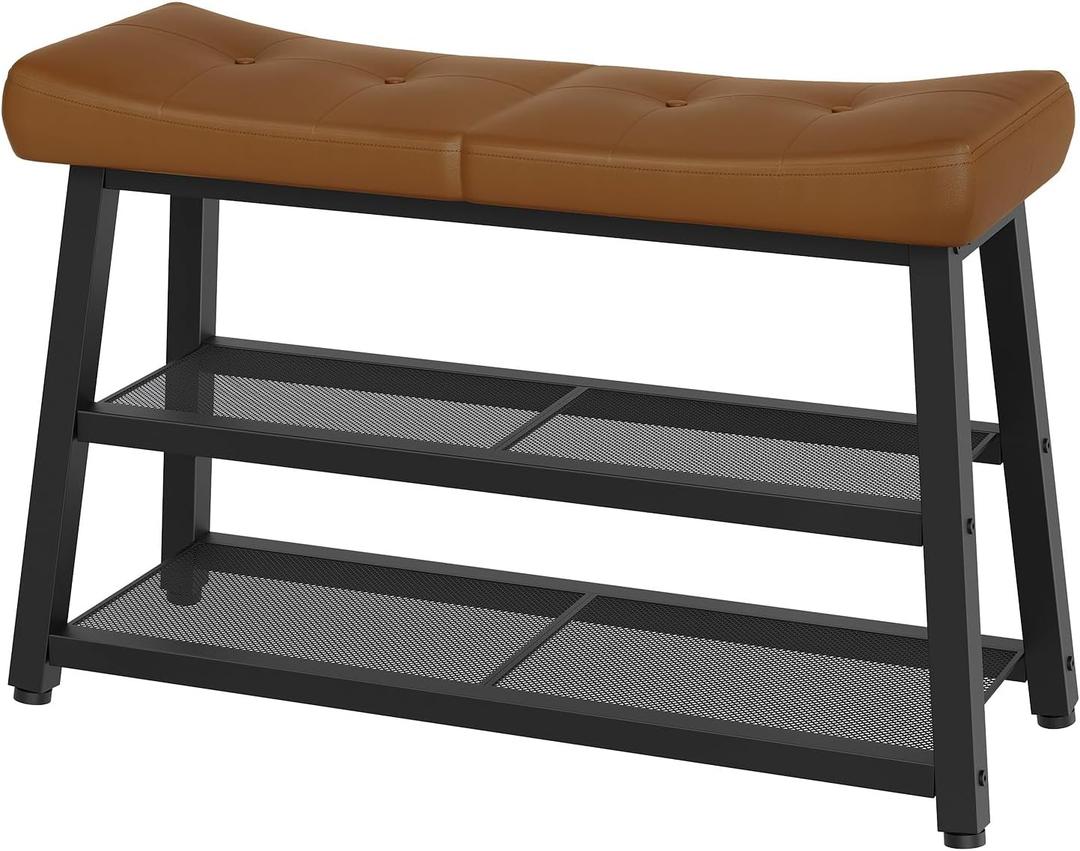 YATINEY Shoe Bench, 3-Tier Shoe Rack, Entryway Bench with Storage and Cushion, for Hallway, Foyer, Bedroom, Brown and Black HX02BV
