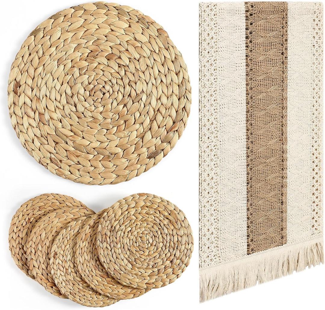 Baderke 7 Pcs Boho Table Runner and Round Placemats Set Table Runner Woven Placemats Braided Water Hyacinth Place Mat Farm Beige Centerpiece for Christmas New Year Dining(12 x 108 Inch)