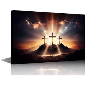 Jesus Three Cross Paintings Extra Large Wall Pictures for Living Room Black and White Artwork Framed 1 Panel Artwork Print on Canvas Home Decor Modern Gallery-wrapped Ready to Hang 36x24 In