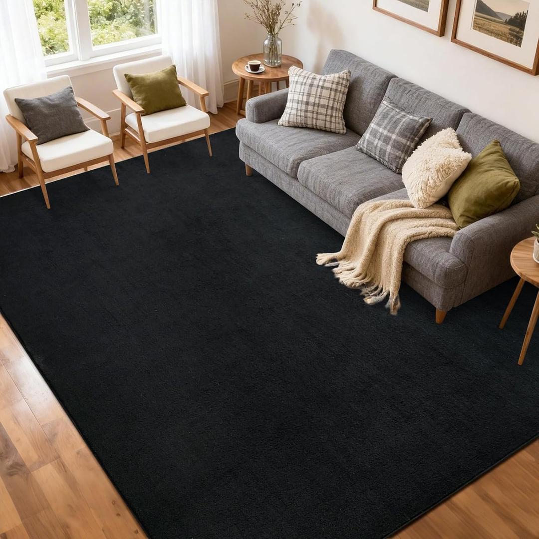 FinRec 5x7 Washable Area Rugs for Bedroom Living Room, Low Pile Thin Rug Solid Color, Non-Slip Carpet Indoor for Home Decor (Pure Black)