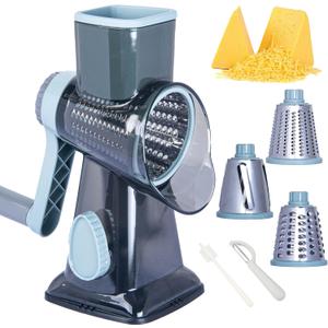 Rotary Cheese Grater Cheese Shredder, Cheese Grater Handheld with Strong Suction Base,Kitchen Vegetable Slicer 3 Replaceable Stainless Drum Blades for Fruit, Food, Nuts,Easy to Use Clean (Blue)